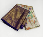 Load image into Gallery viewer, Classic Butter Cream &amp; Navy Blue 2gm Zari Digital Print Bridal Elegance Kanchipuram Handloom Silk Saree SS25300
