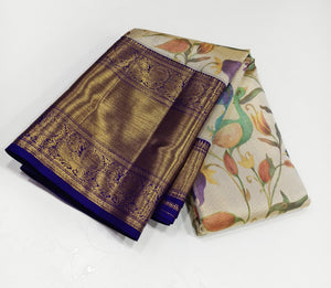 Classic Butter Cream & Navy Blue 2gm Zari Digital Print Bridal Elegance Kanchipuram Handloom Silk Saree SS25300