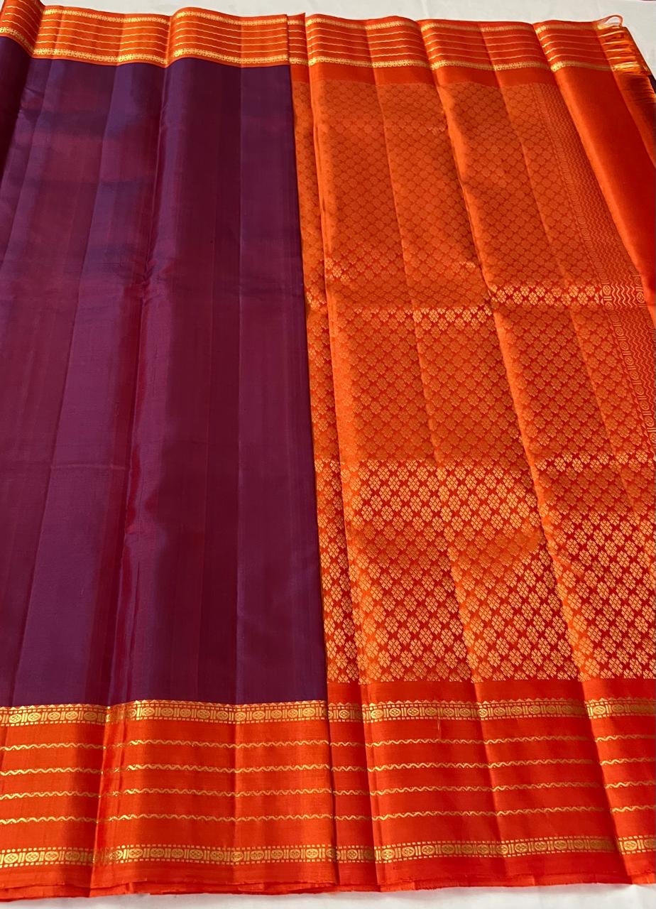 Dark Wine Red & Orange 2gm Zari Elegance Kanchipuram Handloom Silk Saree SS24116