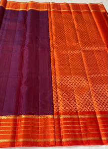 Dark Wine Red & Orange 2gm Zari Elegance Kanchipuram Handloom Silk Saree SS24116