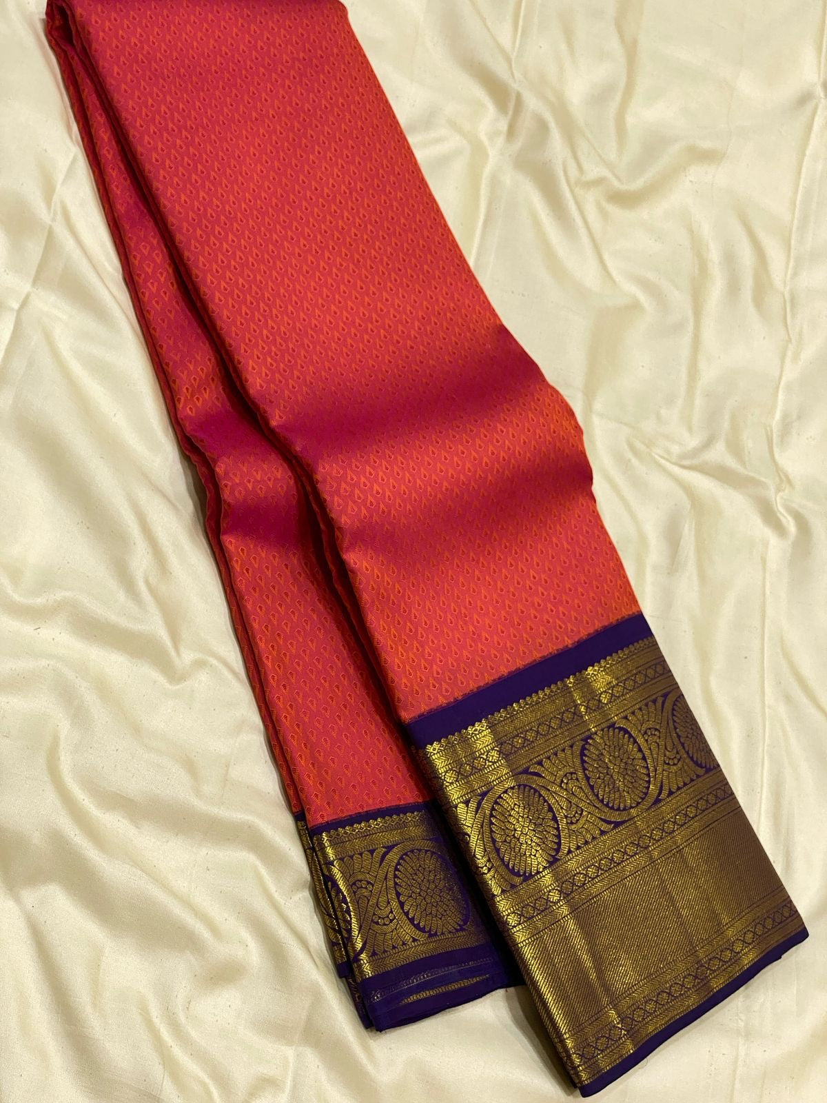 Classic Tomato Red & Navy Blue 2gm Zari Elegance Kanchipuram Handloom Silk Saree SS24691