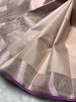 Load image into Gallery viewer, Classic Pearl Beige &amp; Purple 2gm Zari Bridal Elegance Kanchipuram Handloom Silk Saree SS25430
