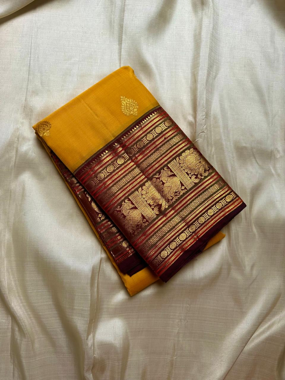 Classic Mango Yellow & Plum 2gm Zari Elegance Kanchipuram Handloom Silk Saree SS23738