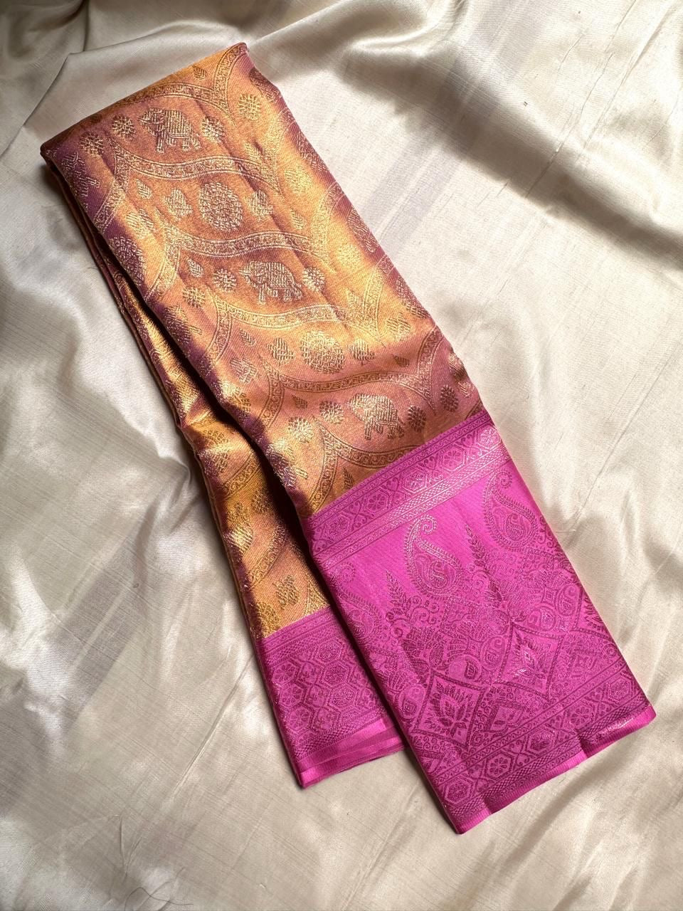 Classic Shimmer Gold & Vadamalli 2gm Zari Tissue Kanchipuram Handloom Silk Saree SS26398
