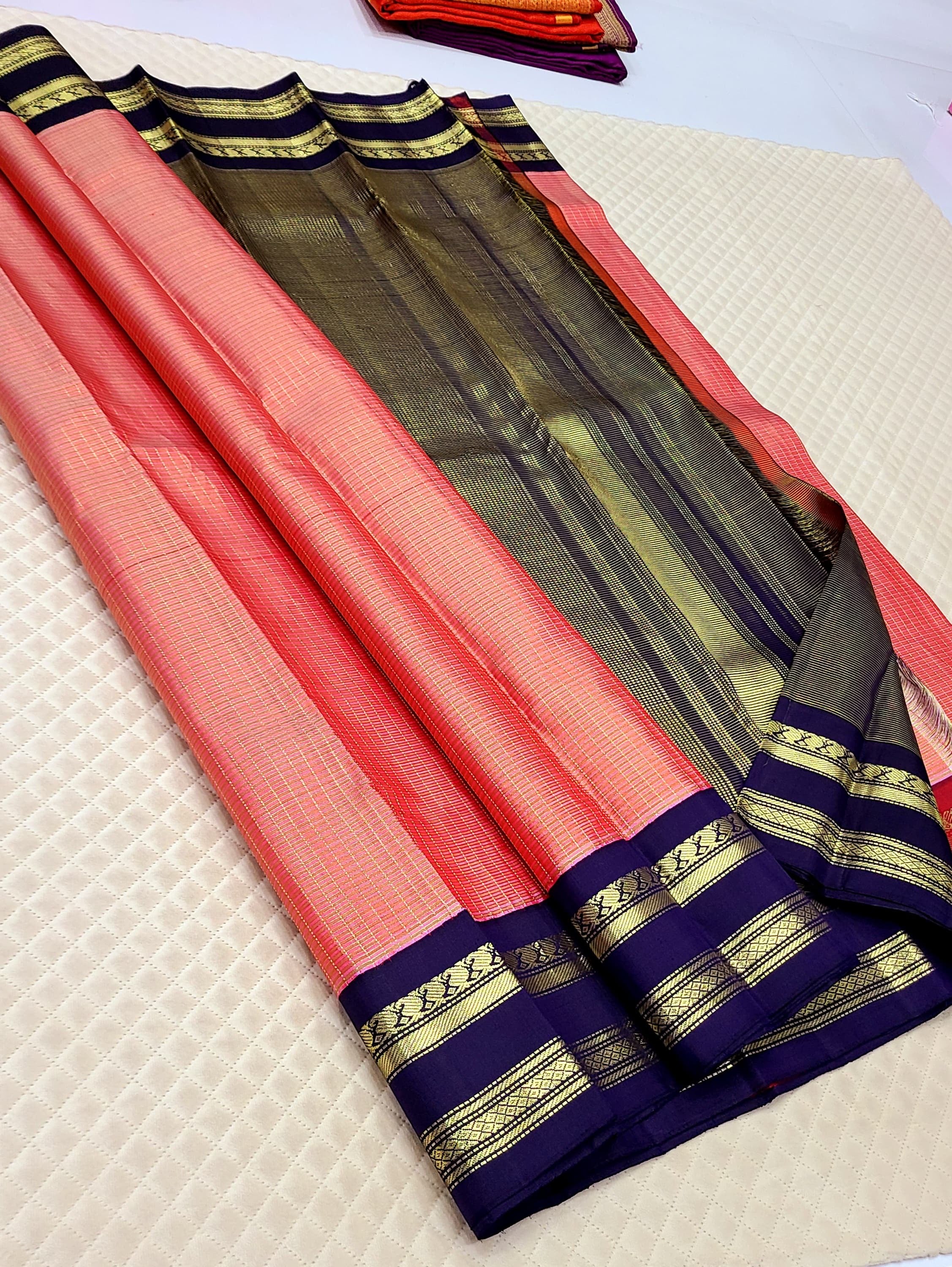 Classic Rose & Navy Blue 2gm Zari Kanchipuram Handloom Silk Saree SS26194
