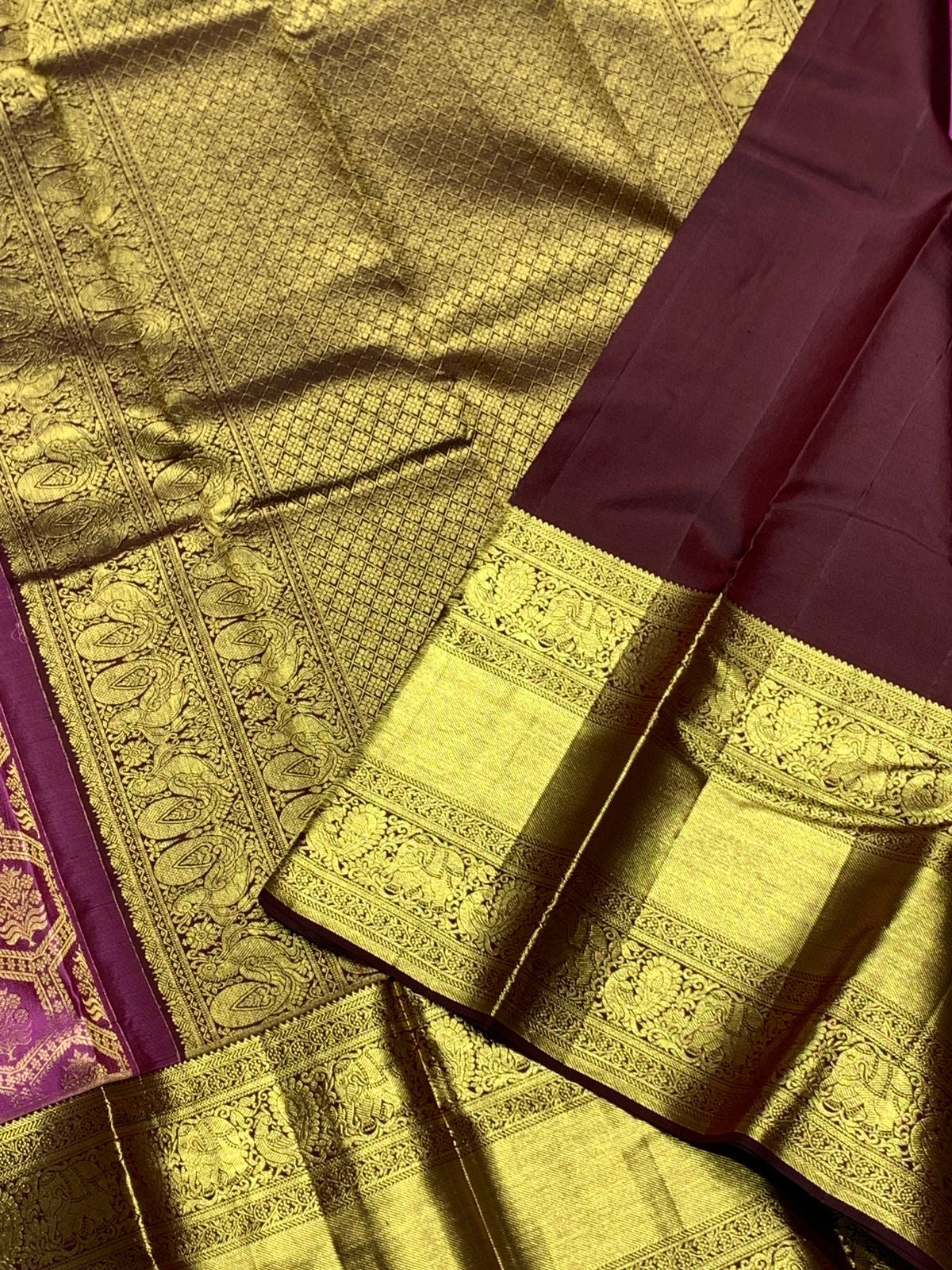 Classic Creamy Pink & Mahogany Red 2gm Zari Kanchipuram Handloom Silk Saree SS26004