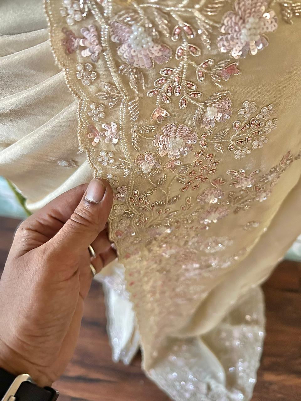 Classic Oatmeal Beige Handwork Elegance Banarasi Tissue Silk Saree SS25397