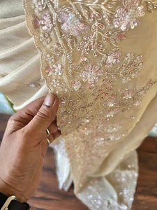 Classic Oatmeal Beige Handwork Elegance Banarasi Tissue Silk Saree SS25397