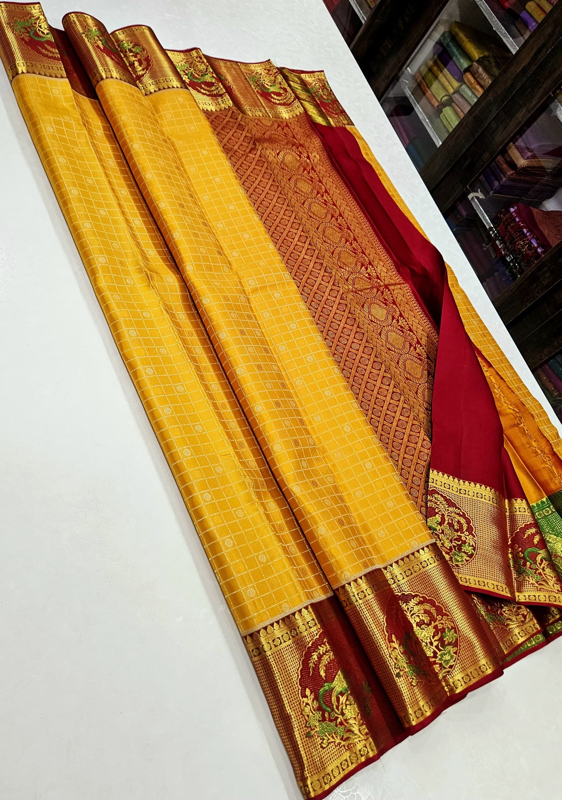 Classic Golden Yellow & Brick Red 1gm Zari Korvai Elegance Kanchipuram Handloom Silk Saree SS25183