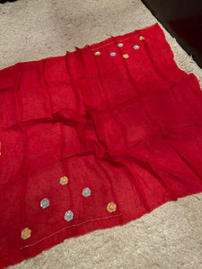 Classic Chilly Red Pearl Sequins Handwork Satin Organza Silk Saree SS20624