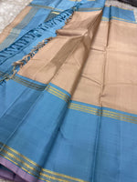 Load image into Gallery viewer, Classic Sand Beige &amp; Teal Blue 2gm Zari Korvai Checks Elegance Kanchipuram Handloom Silk Saree SS27812
