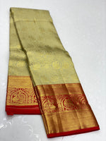 Load image into Gallery viewer, Light Olive Green &amp; Scarlet Red 2gm Zari Kanchipuram Handloom Silk Saree SS25625
