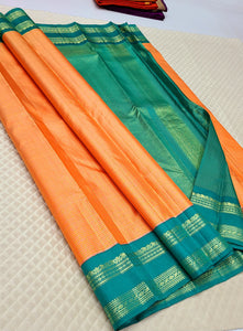 Classic Pastel Orange & Sea Green 2gm Zari Kanchipuram Handloom Silk Saree SS26193