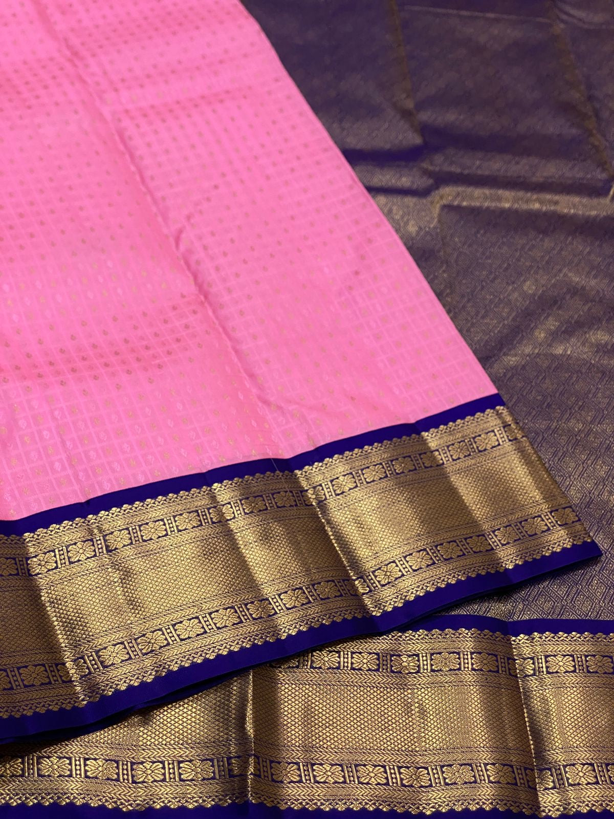 Classic Baby Pink & Royal Blue 1gm Zari Kanchipuram Handloom Silk Saree SS25810