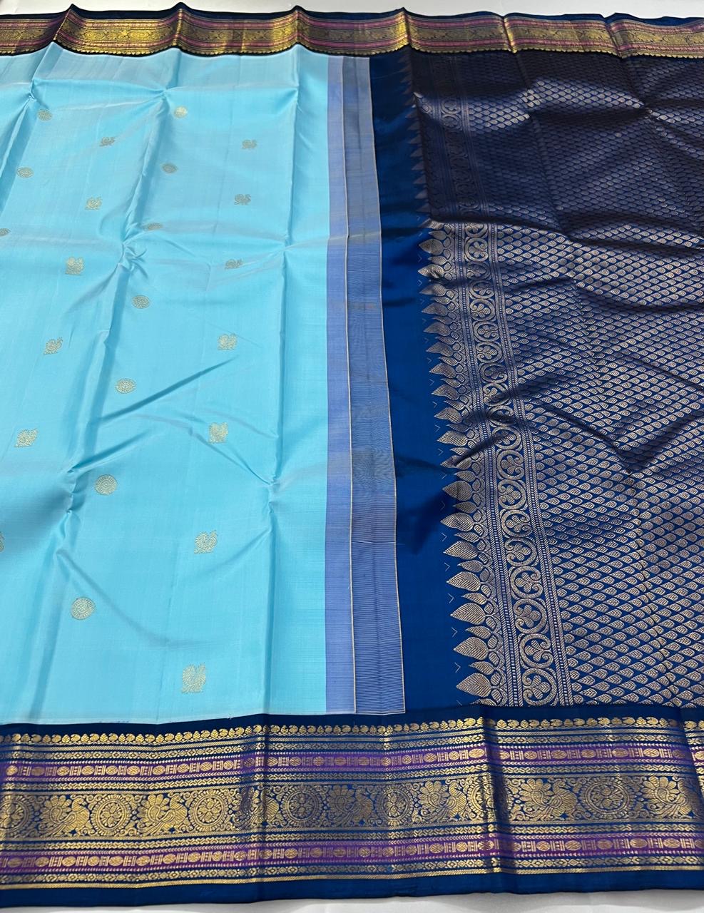 Classic Sky Blue & Prussian Blue 2gm Zari Kanchipuram Handloom Silk Saree SS26391