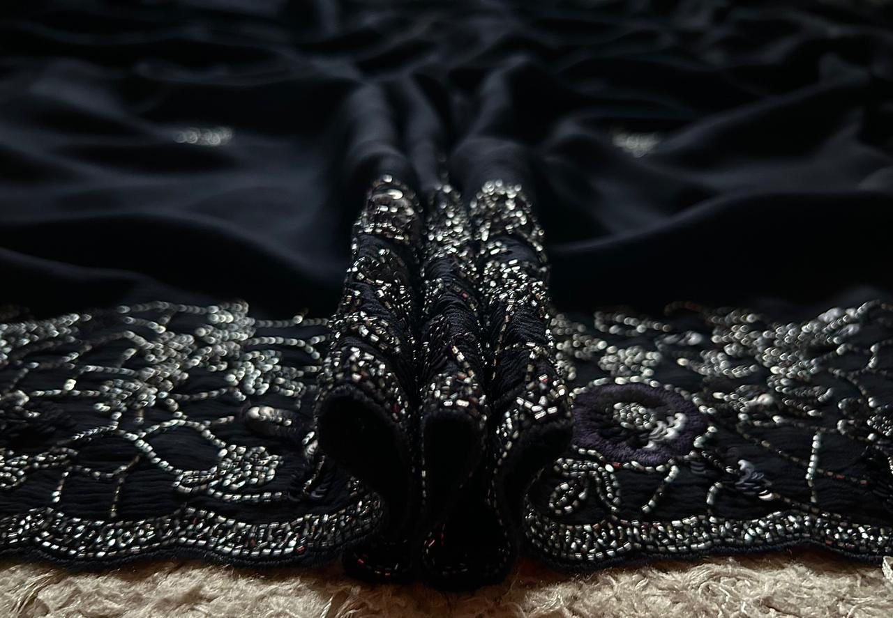 Classic Charcoal Black Elegance Chinnon Crepe Chiffon Silk Saree SS25399