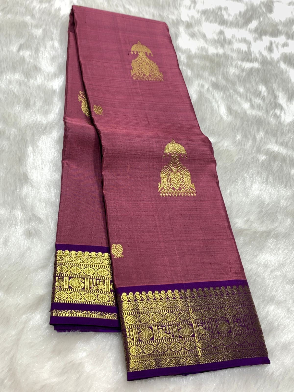 Classic Dusky Rose & Vadamalli 2gm Zari Kanchipuram Handloom Silk Saree SS25988