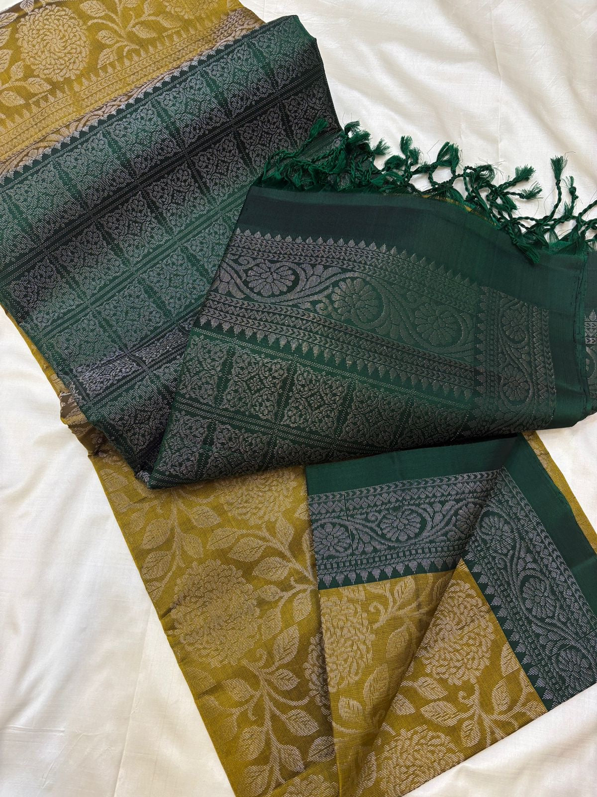 Classic Mustard & Pine Green Elegance Handloom Soft Silk Saree SS25298