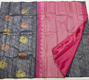 Classic Grey & Pink Elegance Kanchipuram Handloom Silk Saree SS25162