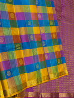 Load image into Gallery viewer, Classic Multicolor Check Onion Pink Butta 1gm Zari Elegance Kanchipuram Handloom Silk Saree SS28331
