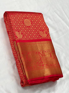 Classic Scarlet Red 2gm Zari Bridal Elegance Kanchipuram Handloom Silk Saree SS25253
