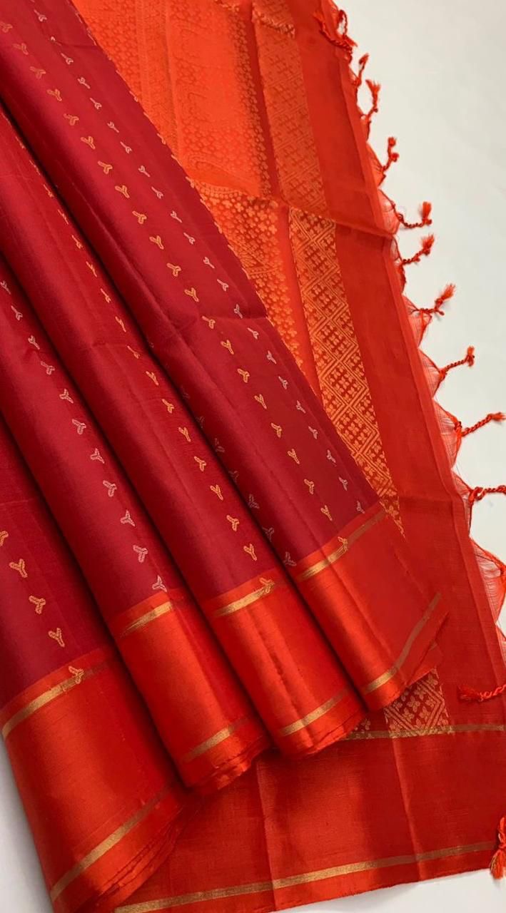 Brick Red & Orange Elegance Handloom Soft Silk Saree SS23271