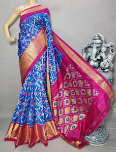 Azure Blue & Pink Ikkat Elegance Handloom Soft Silk Saree SS23104