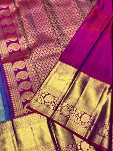 Classic Azure Blue & Vadamalli Purple 2gm Zari Bridal Elegance Kanchipuram Handloom Silk Saree SS25355