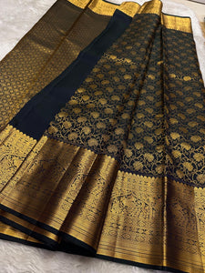 Classic Charcoal Black 2gm Zari Bridal Elegance Kanchipuram Handloom Silk Saree SS24783