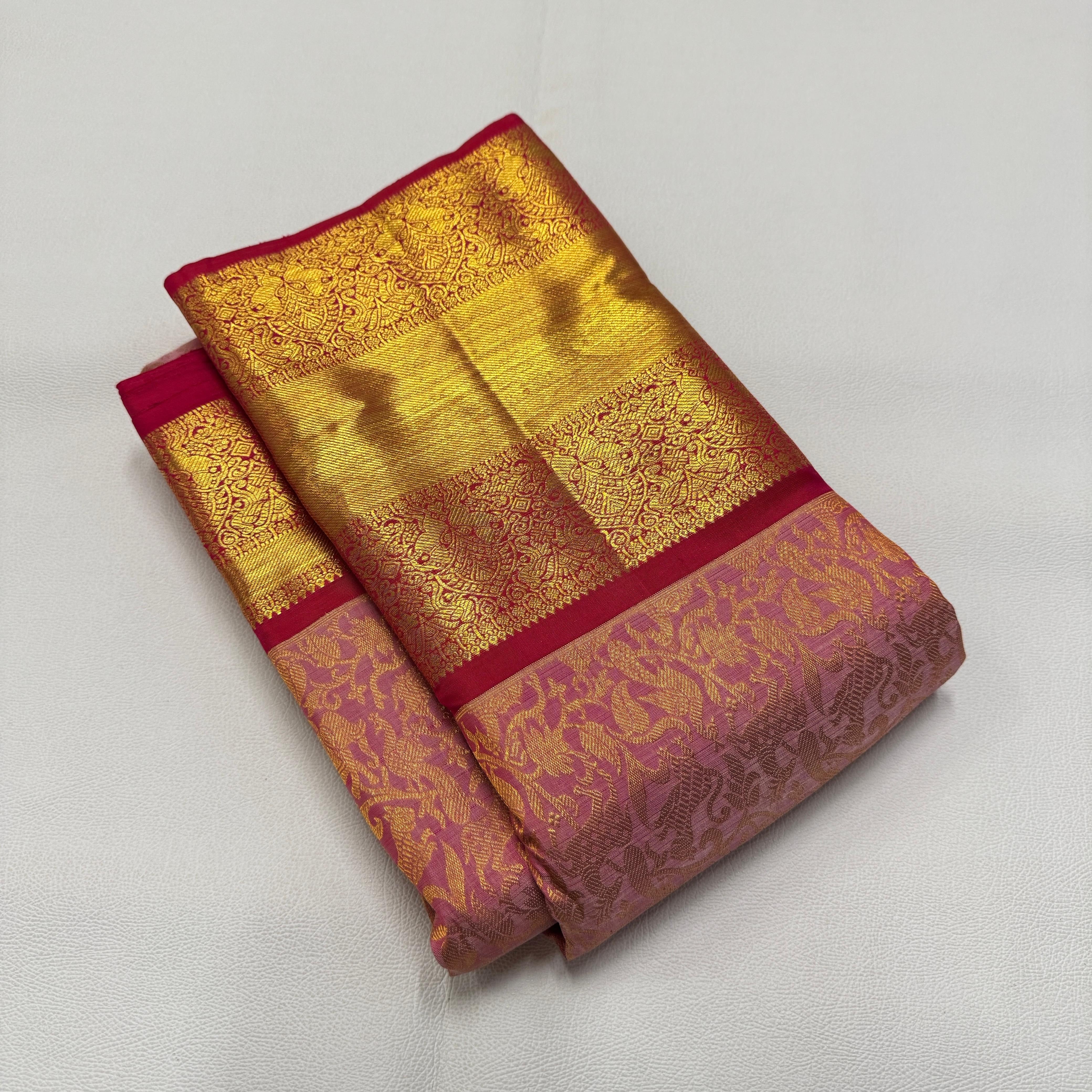 Classic Rose & Red 1gm Zari Bridal Elegance Kanchipuram Handloom Silk Saree SS26495