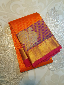 Classic Tangerine Orange 1gm Zari Elegance Kanchipuram Handloom Silk Saree SS23731