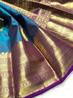 Load image into Gallery viewer, Classic Teal Blue Green &amp; Purple Berry 2gm Zari Bridal Elegance Kanchipuram Handloom Silk Saree SS23561
