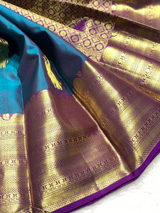 Classic Teal Blue Green & Purple Berry 2gm Zari Bridal Elegance Kanchipuram Handloom Silk Saree SS23561