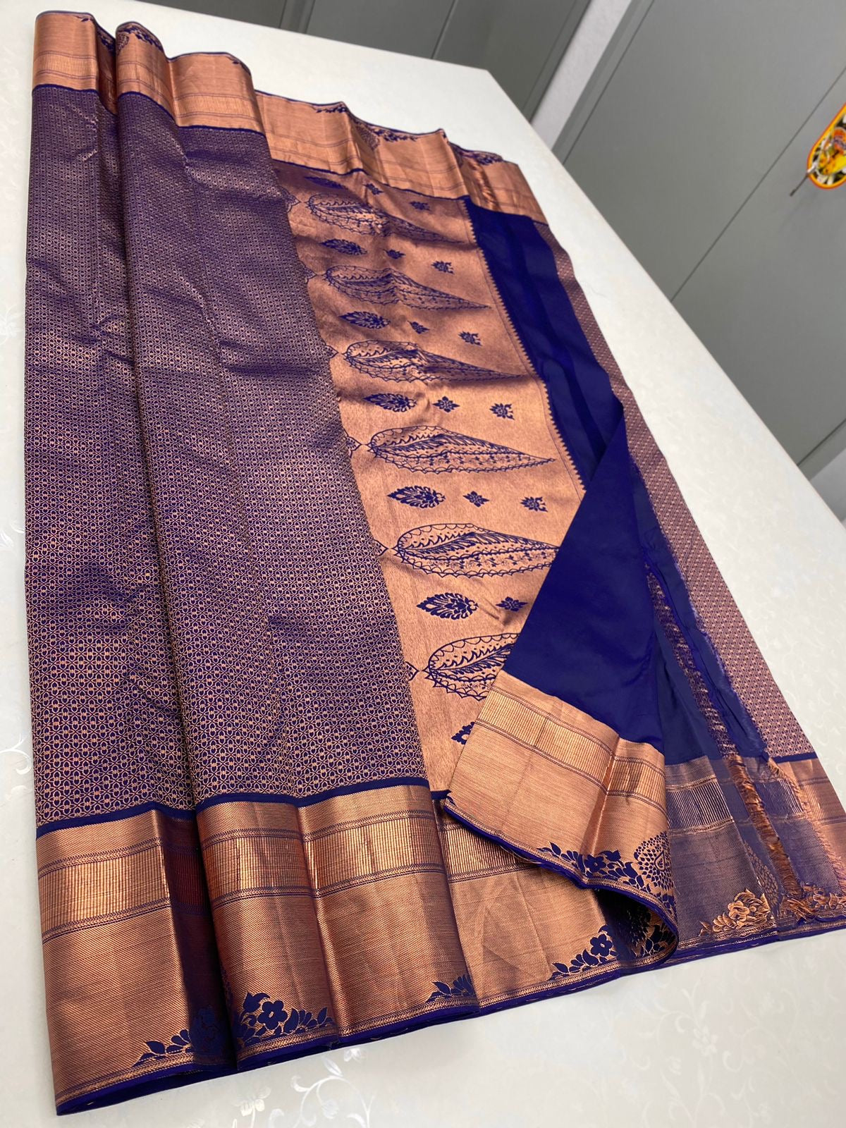 Navy Blue & Copper 1gm Zari Elegance Kanchipuram Handloom Silk Saree SS20660