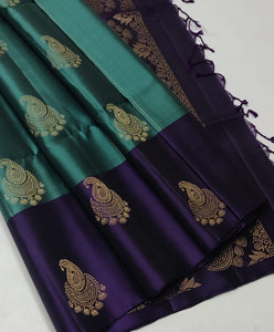 Classic Jade Green & Violet Double Warp Elegance Handloom Soft Silk Saree SS23487