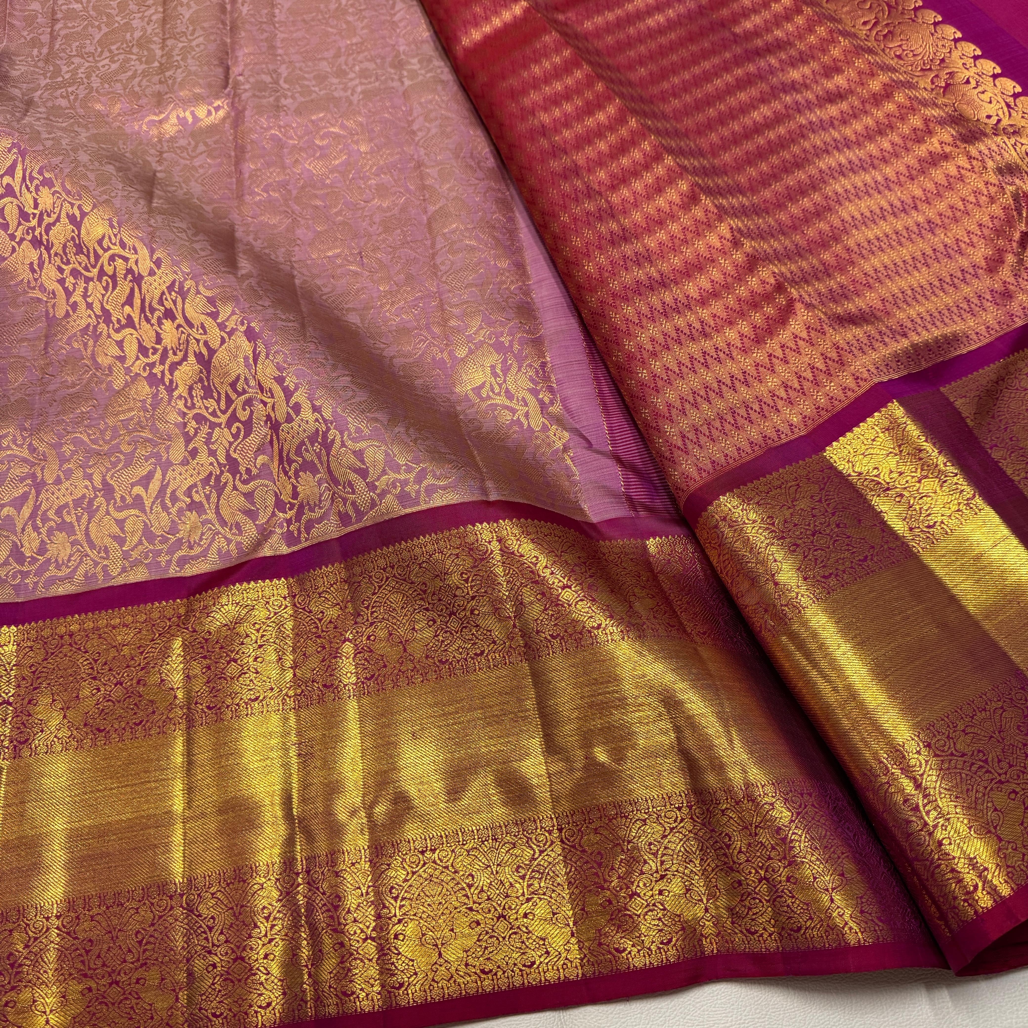 Classic Creamy Pink & Deep Pink 2gm Zari Vanasingaram Bridal Elegance Kanchipuram Handloom Silk Saree SS25935