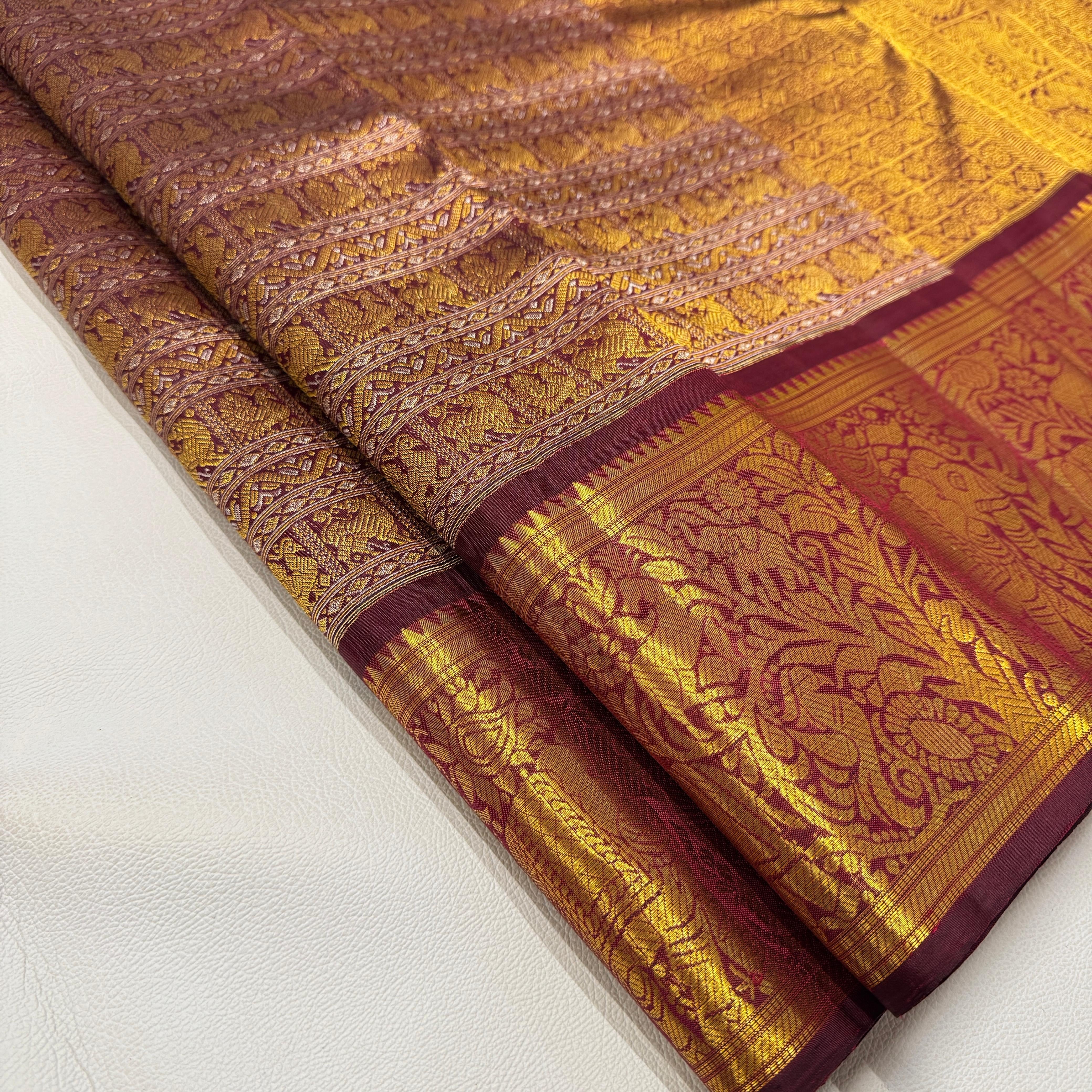 Classic Gold & Plum 2gm Zari Bridal Elegance Kanchipuram Handloom Silk Saree SS25635