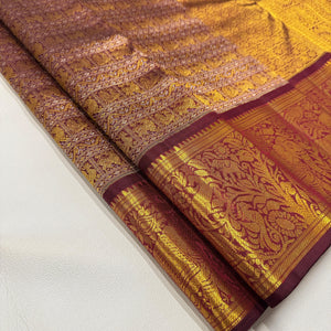 Classic Gold & Plum 2gm Zari Bridal Elegance Kanchipuram Handloom Silk Saree SS25635
