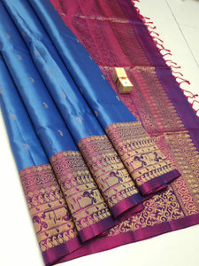 Azure Blue & Wine Double Warp Handloom Soft Silk Saree SS23026