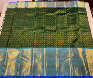 Classic Olive Green & Sky Blue 1gm Zari Vathuvai Elegance Kanchipuram Handloom Silk Saree SS24656