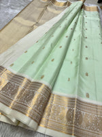 Load image into Gallery viewer, Classic Pastel Sea Green &amp; Pearl White Elegance Kanchipuram Handloom Silk Saree SS23673
