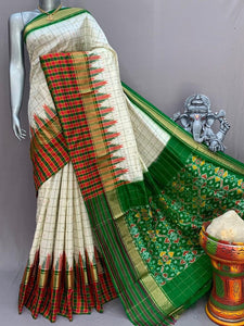 Classic Butter Cream & Green Ikkat Elegance Handloom Soft Silk Saree SS23139