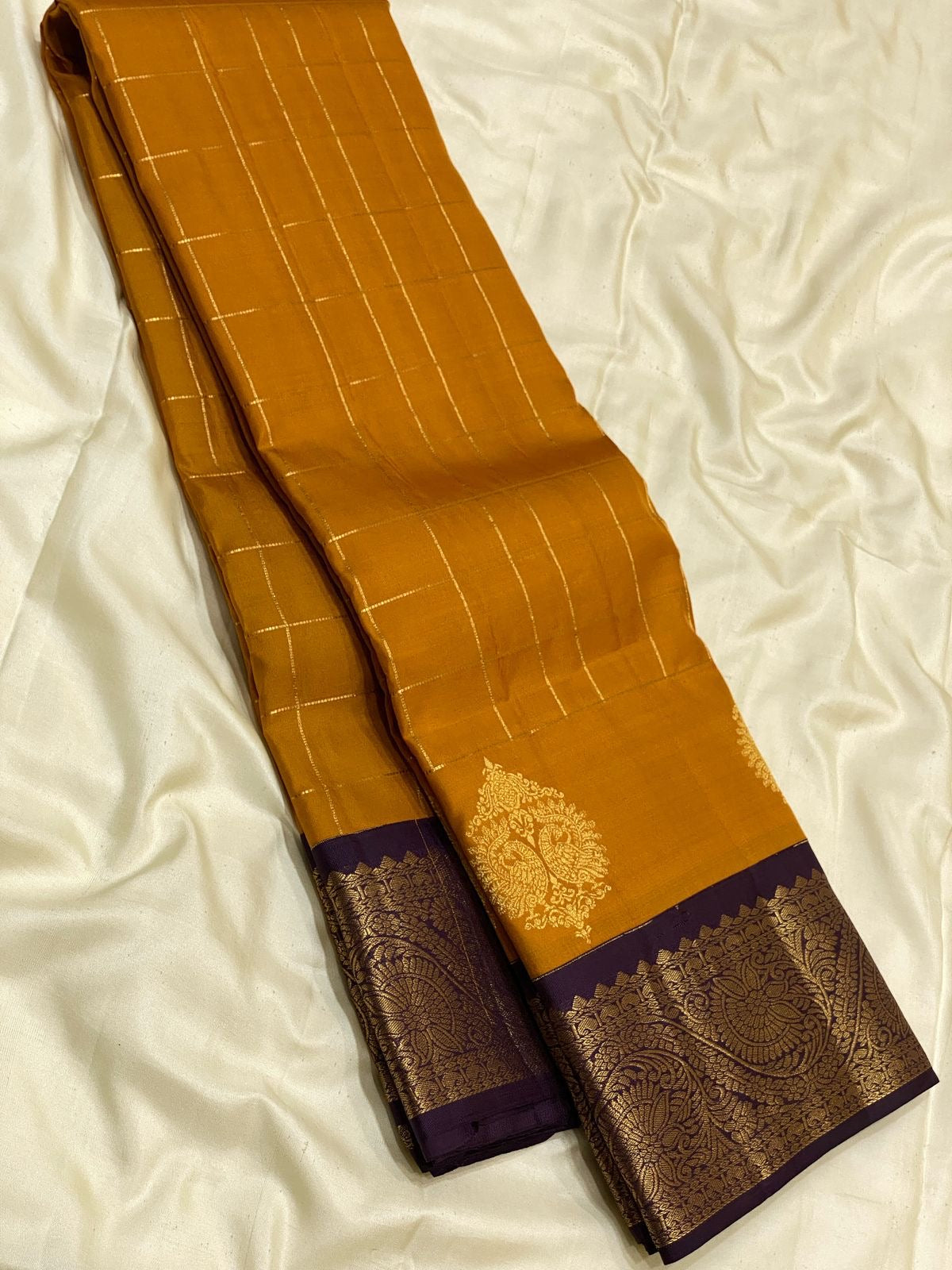 Classic Mango Yellow & Plum 2gm Zari Vaira Oosi Checks Elegance Kanchipuram Handloom Silk Saree SS24606