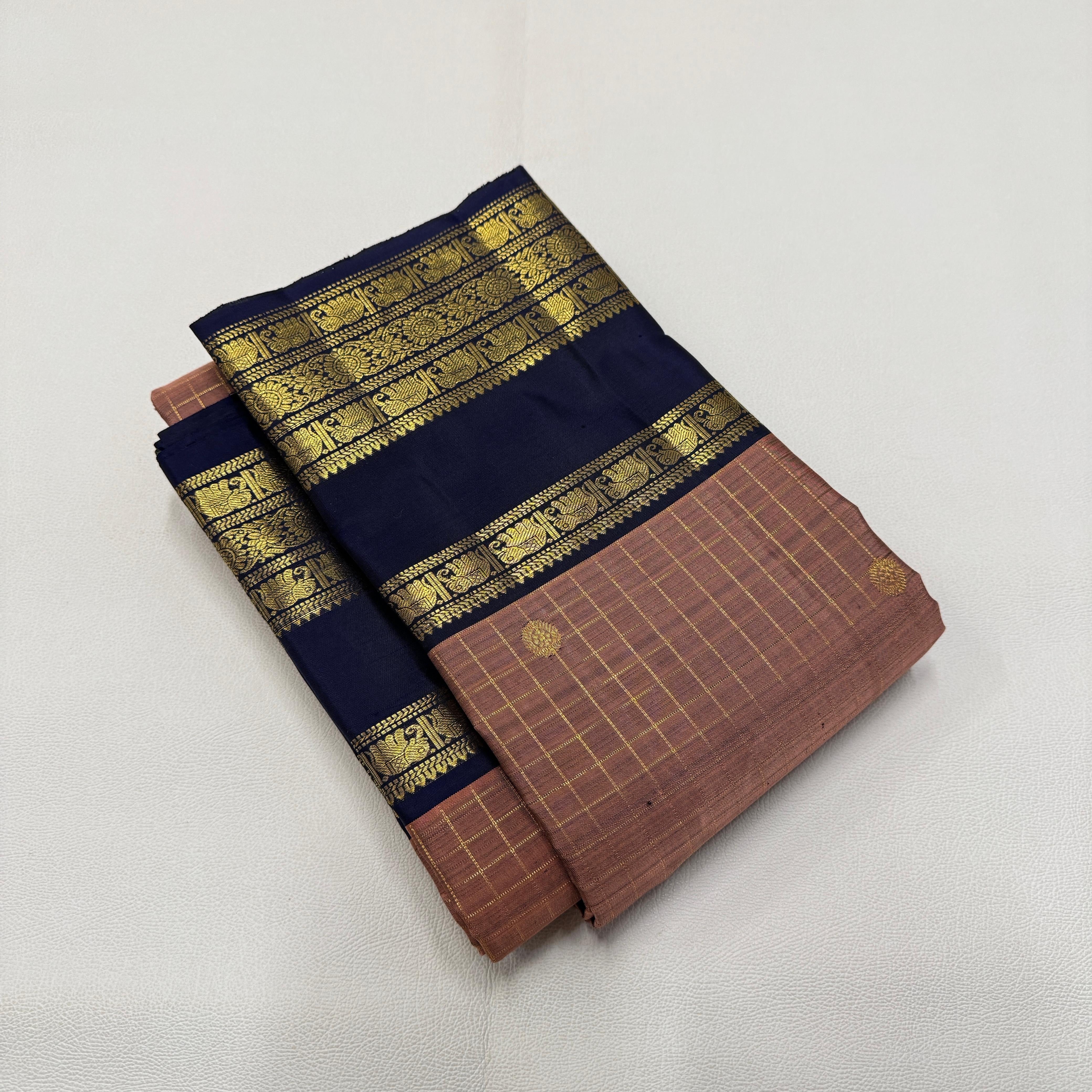 Classic Dusky Rose & Navy Blue 2gm Zari Belthari Checks Kanchipuram Handloom Silk Saree SS25730