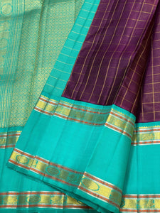 Classic Plum & Turquoise Green 2gm Zari Vaira Oosi Checks Butta Kanchipuram Handloom Silk Saree SS26322