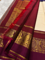 Load image into Gallery viewer, Classic Pearl Cream &amp; Barn Red Blue Elegance Kanchipuram Handloom Silk Saree SS26955
