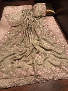 Classic Sage Green Handwork Elegance Crepe Silk Saree SS25694