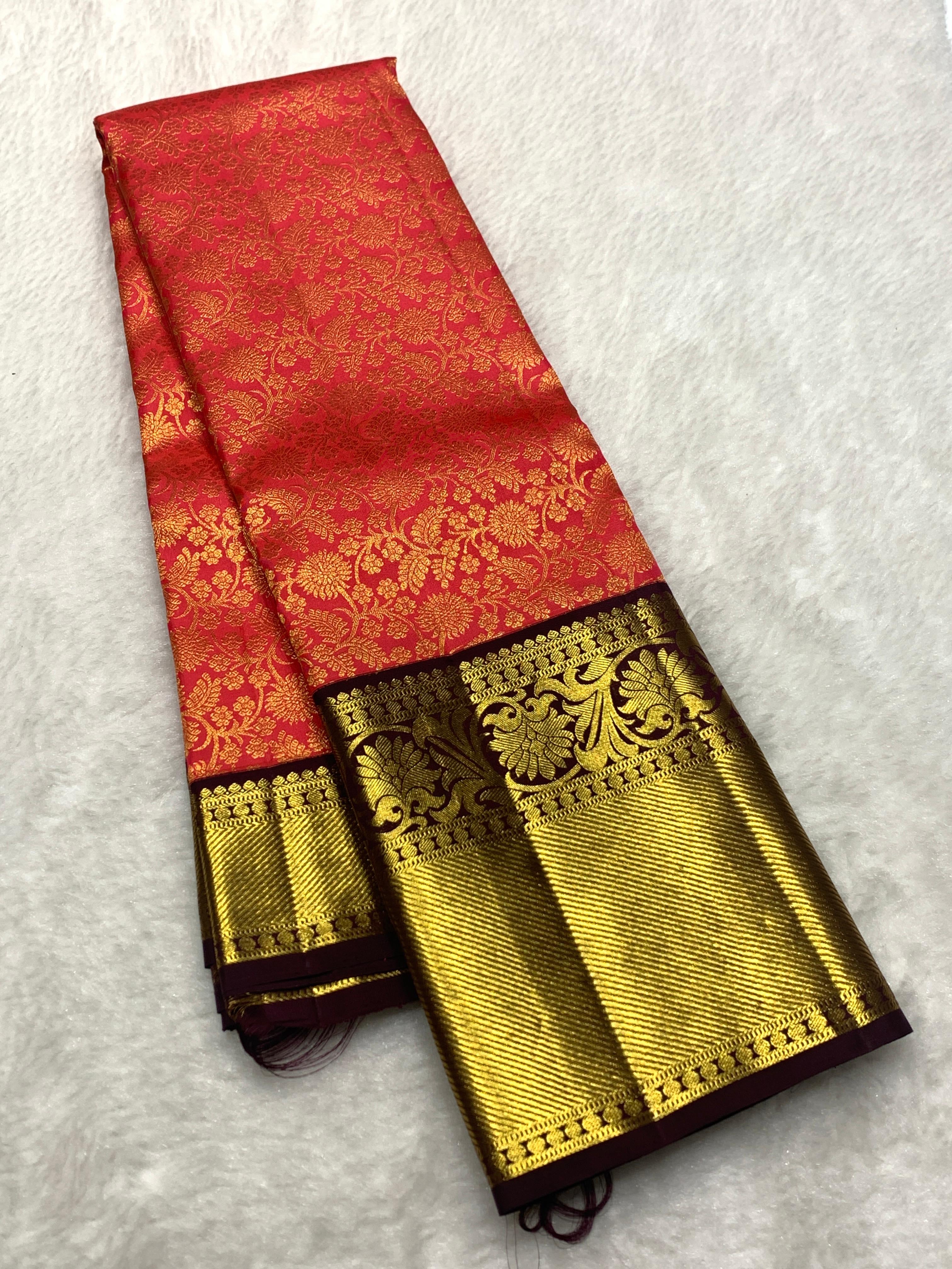 Classic Orange & Coffee Brown 2gm Zari Bridal Elegance Kanchipuram Handloom Silk Saree SS25831