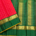 Load image into Gallery viewer, Classic Tomato Red &amp; Green Vintage Silver Checks Korvai 1gm Zari Kanchipuram Handloom Silk Saree SS26274
