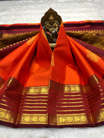 Load image into Gallery viewer, Classic Apricot Orange &amp; Garnet Red Bridal Elegance Kanchipuram Handloom Silk Saree SS28459
